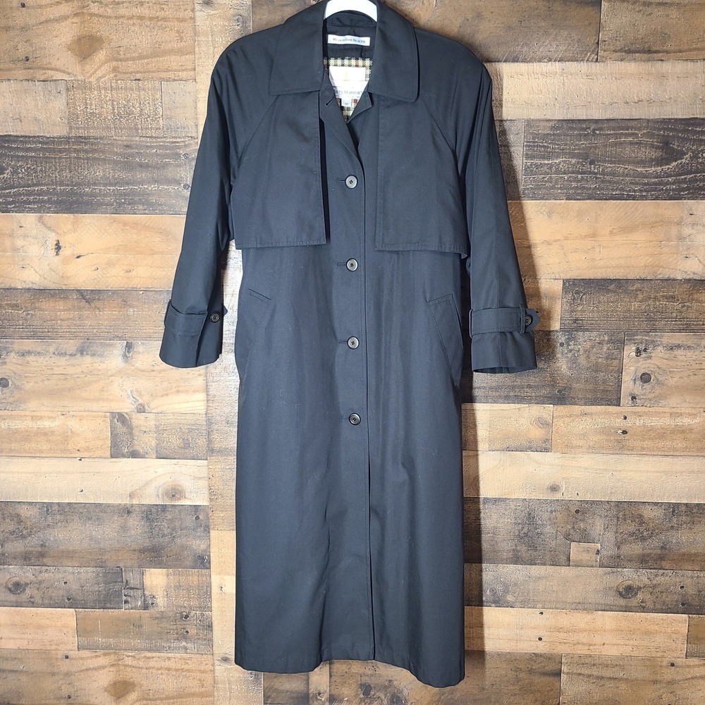Misty Harbor Trench Coat Womens 6P Black Excellent Plaid Lined Button Front
